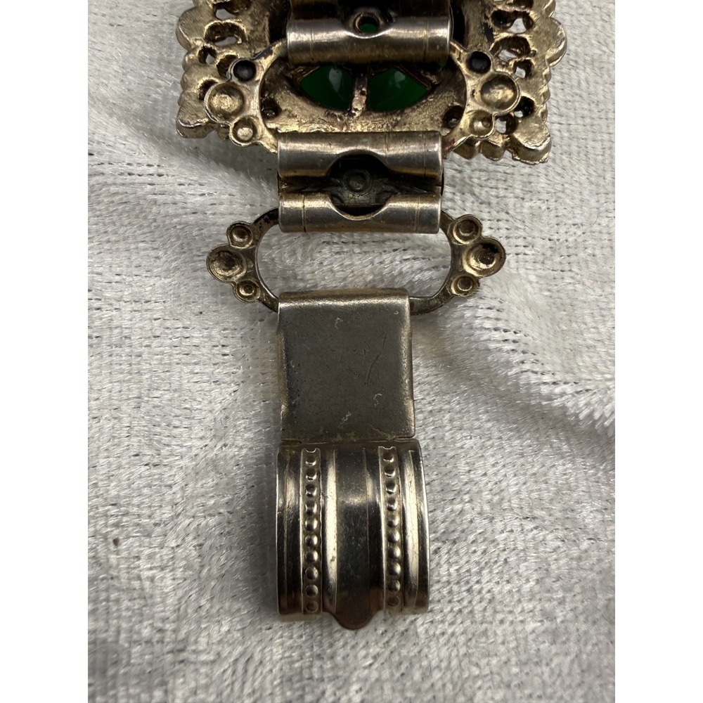 Vintage Victorian Revival Bracelet Green Stones Panel Gold Tone READ - Picture 9 of 12